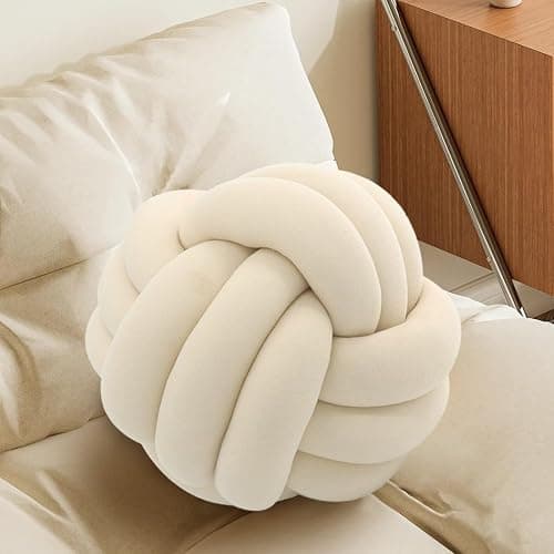 Ivory Knot Pillow Ball, Decorative Throw Pillow, Soft Round Knotted Cushion for Couch & Bedroom, Cute Home Decor, Braided Pillow for Living Room (7.87 Inches) - Image 1
