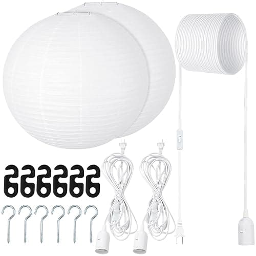 Rossesay 2 Sets Jumbo Paper Lanterns with Lamp Cord Cable White Hanging Paper Lanterns Chinese Japanese Pendant Hanging Lamp for Birthday Wedding Bridal Anniversary Party Decoration (Round,16 Inch) - Image 1