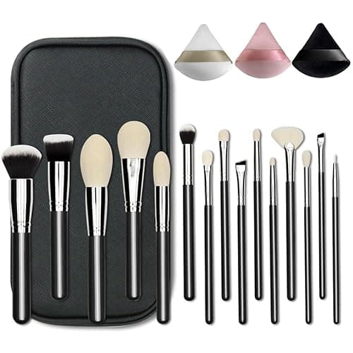 Professional Natural Travel Goat Hair Makeup Brushes with case, 15Pcs Kabuki Face Powder & Eye Makeup Brush set With Ultra Soft Premium Dense Hair, Valentines Day Gifts - Image 1