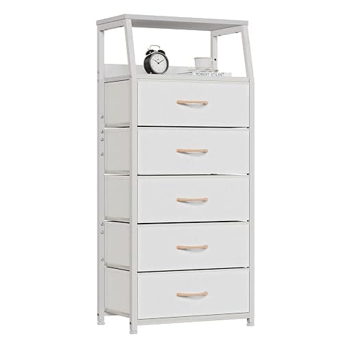 Furnulem White Dresser with 5 Drawers, Vertical Storage Tower Fabric Dresser for Bedroom, Hallway, Entryway, Nursery, Closet Organizer, Nightstand Bedside Table Furniture, Sturdy Steel Frame, Wood Top - Image 1