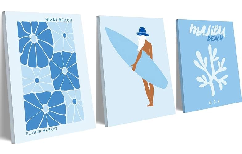 3pcs Blue Coast Denim Surf Canvas Wall Art Barcelona Blue Floral Pattern Poster Print For Living Room Bedroom Wall Decor(12×18inCanvas on A Wooden Frame) - Image 1