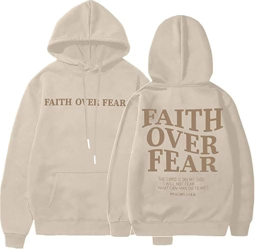 BANGELY Faith Over Fear Hoodie Women Christian Sweatshirt Graphic Christian Religious Sayings Sweater Bible Pullover Tops - Ecru - Medium - Image 1