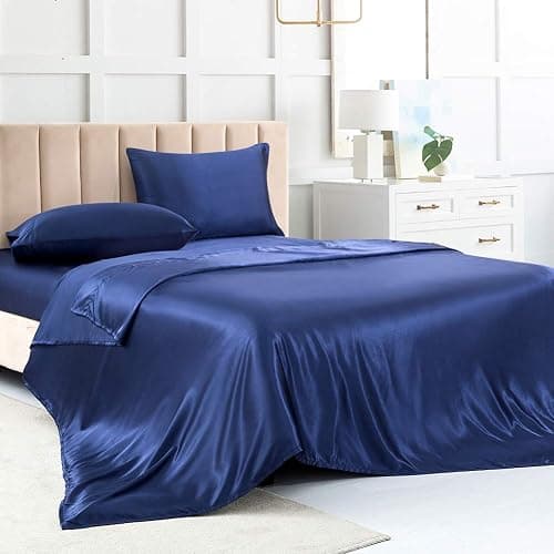 Satin Bed Sheets Twin Sheets, Navy Blue Silk Sheets, 3 - Pieces Soft Bedding Set with 1 Deep Pocket Fitted Sheet,1 Flat Sheet,1 Pillowcase - Image 1