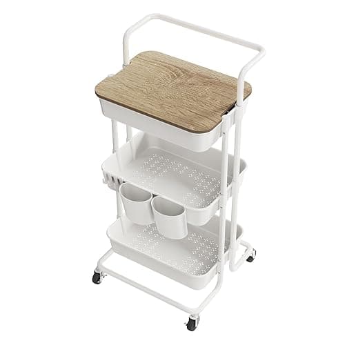 DTK 3 Tier Rolling Utility Cart with Cover Top Board, Movable Kitchen Storage Cart Trolley with Lockable Wheels, Cups, Hooks for Kitchen Bathroom Home Office Art Craft Storage and Organization(White) - Image 1