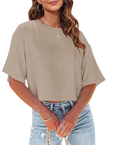 Tankaneo Women Half Sleeve Cropped T-Shirts Drop Shoulder Round Neck Crop Tops Casual Summer Solid Color Basic Tees - Medium - 02-khaki - Image 1