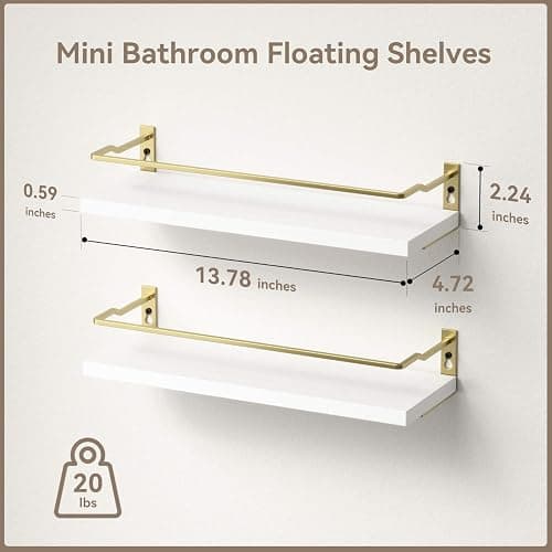 RICHER HOUSE Bathroom Shelves, Small Floating Wall Shelf for Bathroom Decor, Wall Mounted Wood Shelves, Bathroom Organizer Over Toilet Storage, Guard-Rail Kitchen Shelves Set of 2 - White Gold - Image 1