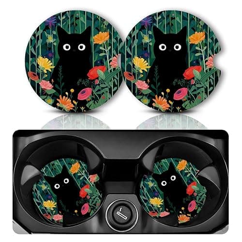 Yonlevres Car Coasters for Cup Holders,2.75" Anti Slip Rubber Mat with A Finger Notch, 2 Pack Car Cup Holder Coasters for Car Interior Accessories for Women Men Flower Balck Cat - Image 1