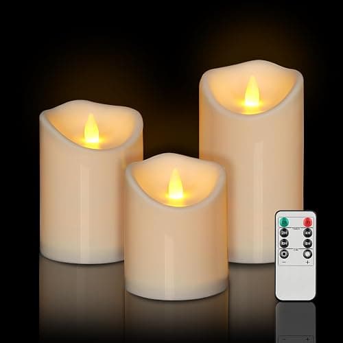 Haown Outdoor Indoor Flameless Candles, Patented 3D Dual-LED, Set of 3 Slanted Top Durable Plastic Pillars with Remote, Table Centerpiece for Living Room Shelf, Non-Melting Battery Candles (Ivory) - Image 1
