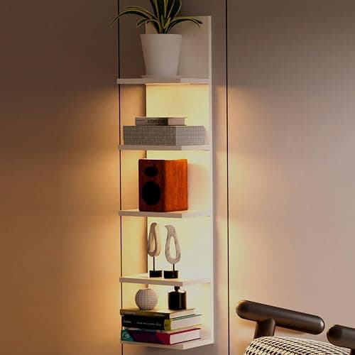Homaterial 5 Tier Wall Shelf with Light, White Modern Vertical Lack Wall Shelves, Wall Mount, Floating Column Home Decor Shelves for Bedroom, Living Room, Vanity Storage Display - Image 1