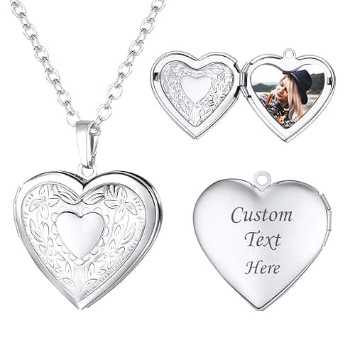 U7 Women Locket Necklace Platinum 14K Gold Photo Lockets that Hold Picture,Chain 20 Inch Personalized Gift Custom Love Heart Image Necklaces - Image 1