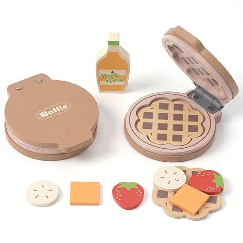 WOODENFUN Wooden Pretend Play Toy Waffle Maker Play Kitchen Accessories | Montessori Breakfast Play Food Set Birthday Gifts for 2 3 4 Years Old Toddlers Boys Girls - Image 1