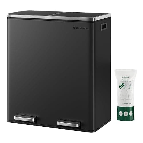 SONGMICS Trash Can, 2 x 8 Gallon (2 x 30 L) Garbage Can for Kitchen, with 15 Trash Bags, 2 Compartments, Plastic Inner Buckets and Hinged Lids, Airtight, Black ULTB60BK - Black - 2 x 8 Gallon - Image 1