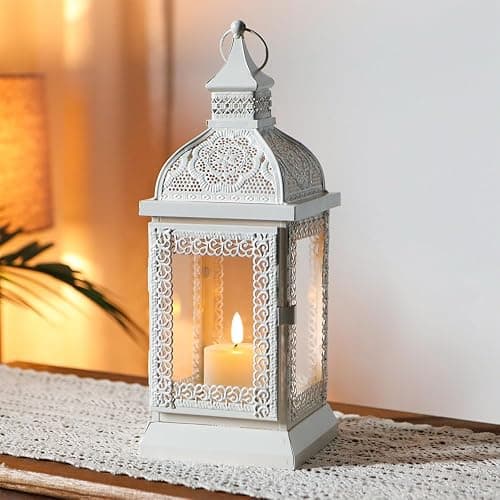 TRIROCKS Rustic Style Metal Candle Lantern 13'' High Decorative Outdoor Lantern Candle Holder with Tempered Glass for Home Living Room Garden Patio Parties Indoors Outdoors (Cream) - Image 1