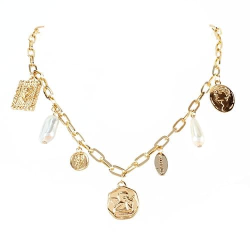 Gold Charm Necklace for Women White Pearl Choker Necklace Head Portrait Square Pendant Necklace Boho Charm Necklace Beach Necklace Jewelry for Women - Image 1