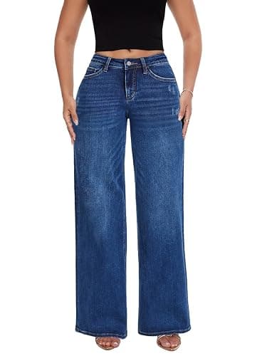 ONESO Wide Leg Jeans for Women Mid Low Rise Baggy Stretchy Denim Pants | Tummy Control, BBL Jeans Fit, Distressed Pants, Elastic Waist, Lady Basic Comfortable Denim, Relaxed Fit, For Daily Wear - Image 1