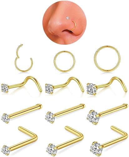 Nose Rings Hoop and Nose Studs Sets for Women Men,Hypoallergenic 316L Surgical Stainless Steel Hinged Clicker Segment Nose Rings Hoop Helix Cartilage Daith Tragus Sleeper Earrings Silver Gold Black L Shape/Corkscrew/Straight Nose Studs Real Body Piercing Jewelry - Image 1