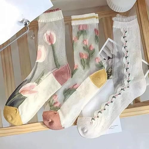 3 Paar Damen-Socken mit Tulpenmuster und Blumenmuster, durchsichtig, atmungsaktiv, Netzstoff, Crew-Socken für den Sommer - Image 1