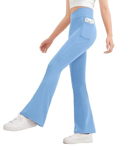 JOCMIC Girls Flare Leggings Kids Bell Bottom Cross High Waisted Dance Yoga Flared Pants - 9-10 Years - Sky Blue - Image 1