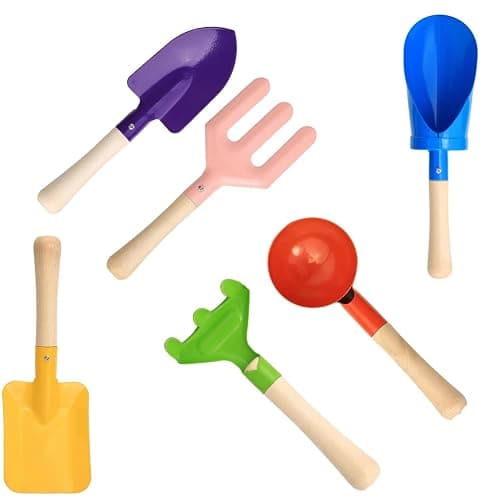 6 PCS 8" Kids Gardening Tools, Metal Beach Sandbox Digging Toys with Sturdy Wooden Handle, Safe Backyard Snow Sensory Playset Including Cylinder, Spoon, Fork, Rake, Flat & Pointed Shovels for Children - Image 1