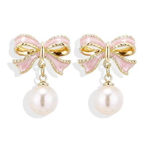 Bow Earrings for Women Trendy Stuff Cute Bow Pearl Drop Dangle Earrings Bowknot Stud Prom Wedding Party Daily Jewelry Accessory Gifts Pink Dress for Women - Image 1
