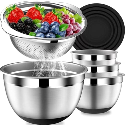 DUTZUN Mixing Bowls with Lids Set, Stainless Steel Mixing Bowls with Colander, Strainer with Mixing Bowl Set, Non-Slip Bottom, Kitchen Gadgets Bowl Christams Gift, Size 4, 2.5, 2, 1.5QT - Black - Black - Image 1