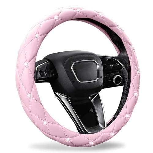 SuperKaKa Pink Steering Wheel Cover 2025, Auto Cute Diamond Bling Comfort Leather Girly Car Interior Accessories Protector Sparkly Automotive Decoration for Women Girl Coquette - Image 1