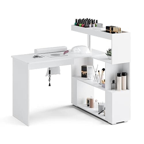HolaiNail Manicure Table, L-Shaped Nail Tech Desk with Dust Collector, Reversible Rotating Table & Storage Shelf, Acetone Resistant Beauty Salon Station, White - Image 1