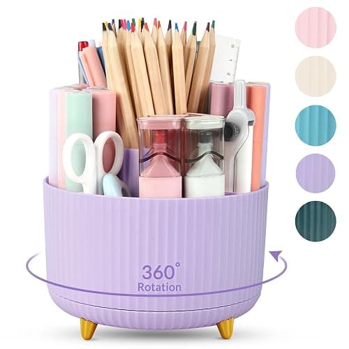 SKYDUE 360 Rotating Purple Pen & Art Supply Organizer - 5 Slot Desk Organizer for Office, School, Home - Image 1