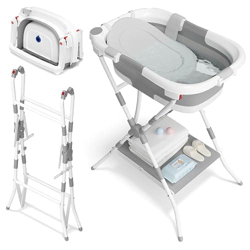 2 in 1 Bagnetto neonato con supporto, vaschetta da bagno con rete di sostegno per neonati e bambini piccoli, design multiuso e pieghevole per riporla facilmente, grigia - Image 1