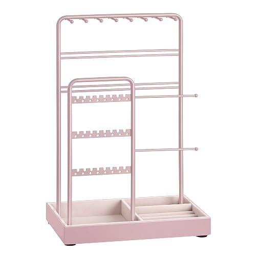 SONGMICS Jewelry Holder, Jewelry Organizer, Jewelry Display Stand with Metal Frame, Velvet Tray, Necklace Earring Bracelet Holder, for Studs, Rings, Gift Idea, Jelly Pink UJJS021R01 - Image 1
