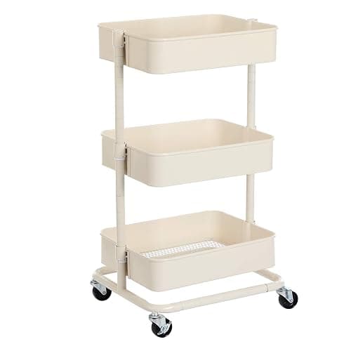 SONGMICS Chariot à 3 niveaux, Desserte, Étagère de rangement mobile, tablette réglable en hauteur, avec 2 freins, montage facile, pour salle de bain, cuisine, bureau, Blanc BSC60WT - Image 1