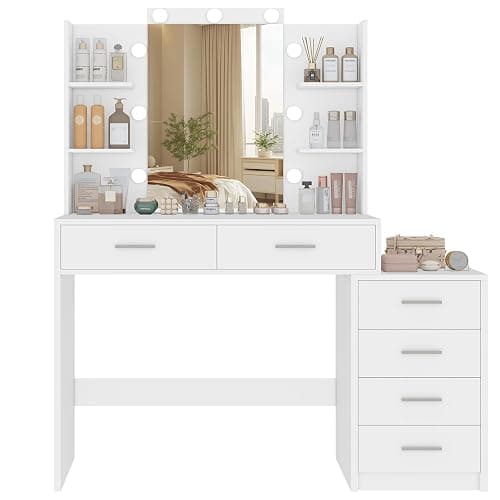 TEENFON Vanity Desk with 6 Storage Drawers & Storage Shelves, Makeup Vanity with Mirror and Lights, Dressing Table with 3 Lighting Color Adjustable, Bedroom, White - Image 1