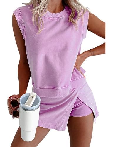Ecosunny Women's Summer 2 Piece Sets Sweatsuits Casual Crewneck Sleeveless Matching Sets Trendy Skirt Shorts Lounge Outfits - Image 1