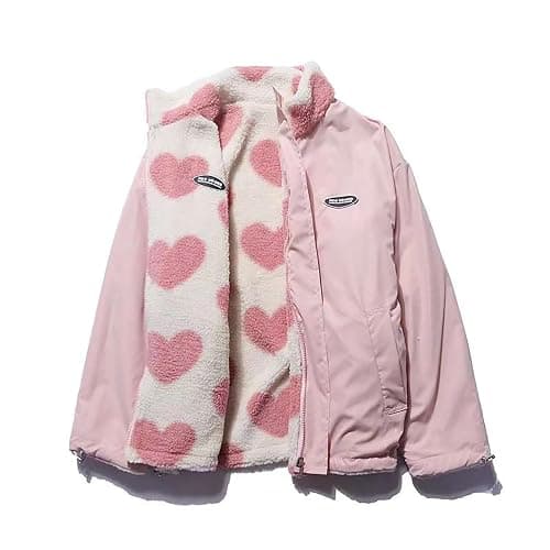 Sumleno Women's Fleece Sherpa Jackets Reversible Kawaii Heart Print Fuzzy Zip Up Cutecore Coats Aesthetic Y2k Gyaru Clothes - Image 1