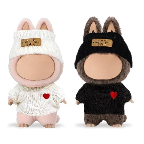 EUPSIIU 2 Pack Doll Outfits, 17CM Black & White Heart-themed Doll Outfit for Clothing with Hat, Cute Dress-Up Set for Plush Dolls & Dolls Accessories (Black,White) - Image 1