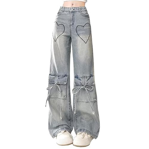 kakarin choyx Fashion High Waist Baggy Jeans Y2K Heart Pattern Tie Cargo Pockets Casual Straight Leg Wide Leg Denim Pants - Image 1