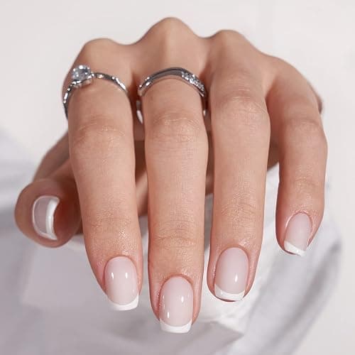 BTArtbox Press On Nails - White French Tip Press on Nails Square, Glue On Nails for Wedding Gift, Supremely Fit & Natural Stick On Nails in 15 Sizes - 30 Fake Nails Kit, Classic French - Image 1