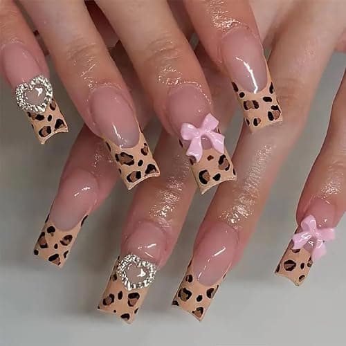 Long Square Press on Nails French Leopard Print Stick on Nails with 3D Bow Love Design Glue on Nails Cute Nude Fake Nails Rhinestone False Nails Glossy Acrylic Nails Full Cover Nails for Women 24Pcs - Image 1