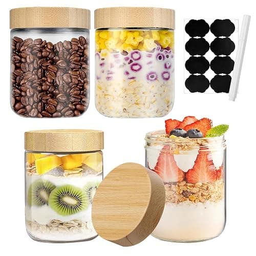 WEFHEF 4 Stück Aufbewahrung Gläser mit Deckel Overnight Oats Einmachgläser mit Schraubdeckel 500ml Meal Prep Gläser Vorratsdosen für Marmelade Sauerteig mit 8 Sticker + 1 Stift - Image 1