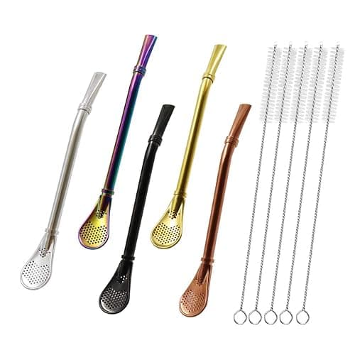 Stainless Steel Straw Filter Spoon, Yerba Mate Bombilla, Loose Leaf Tea Strainer, Tea Straw for Drinking Coffee, Cocktail, Pack of 5 with Cleaning Brush (5 colors) - Image 1