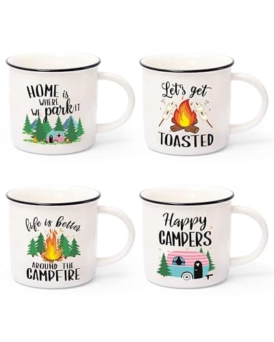 Nefelibata Camping Gifts Ceramic Coffee Mug Set of 4 Happy Campers Tea Cups | Travel Holiday Campfire Coffee Cup for Coffee, Tea & Hot Cocoa Outdoor Anniversary Wedding Christmas Camping Lover Gifts - Image 1