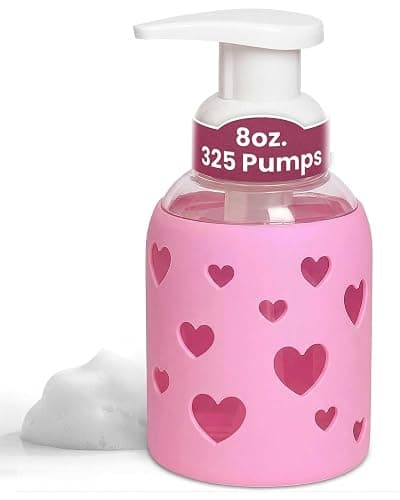 SoCal Suds & Company Foaming Hand Soap Dispenser Glass, Bright Pink, 8oz | Liquid Soap Pump w/ Heart Silicone Sleeve, Refillable Bottle for Kids, Baby Wash & Shampoo, Ideal for Bathroom & Kitchen Use - Image 1