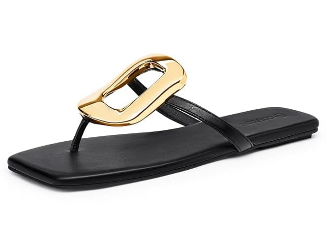 Coutgo Womens Flat Sandals Comfortable Flip Flops Slide Sandals Summer Beach Shoes with Metal Decoration - Image 1