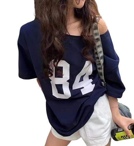 Pinclodly Off The Shoulder Tops for Women Short Sleeve Y2K Jersey Number Graphic Oversized Tshirts E-Girl Tees - Image 1