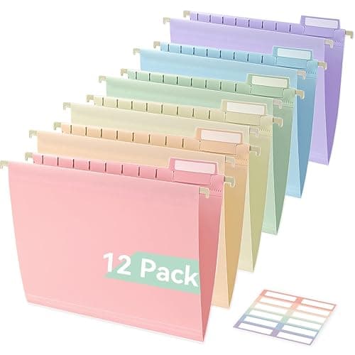 SortRax Plastic Hanging File Folders, Letter Size, Tear-Resistant, Pastel | 12-Pack, Sturdy and Easy to Clean, for Filing Cabinets, with Insertable 1/5-Cut Tabs and Colorful Labels - Image 1