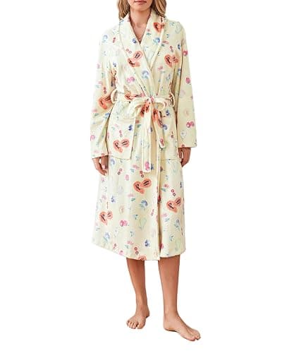Owl's-Yard Women's Soft Summer Dressing Gown Floral Fruit Print Plush Shawl Collar Bathrobe Warm Lounge Robe with Belt - Image 1