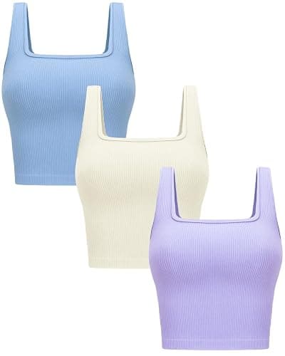 OLCHEE Womens 3 Pack Crop Tank Tops Basic Seamless Ribbed Sleeveless Square Neck Workout Top Summer Exercise Yoga Gym Shirts - Beige + Light Blue + Lavender - Small - Image 1