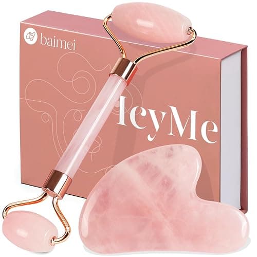BAIMEI IcyMe Jade Roller & Gua Sha, Face Roller Redness Reducing Skin Care Tools, Self Care for Men Women, Massager for Face, Eyes, Neck, Relieve Fine Lines and Wrinkles - Rose Quartz - Image 1