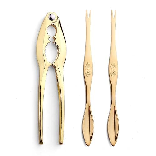3 Pcs Gold Lobster Crackers and Picks Set, Crab Leg Cracker Tools, Stainless Steel Seafood Crackers & Forks Nut Cracker Set for Eating Stake Support (Nut cracker+2 gold picks) - Image 1
