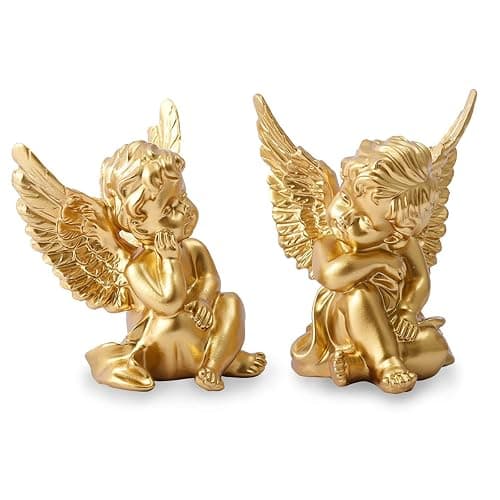 OwMell Set of 2 Cherubs Angels Resin Statue Figurine, Indoor Home Decoration, Adorable Angel Sculpture Memorial Statue 4" - Gold - Image 1